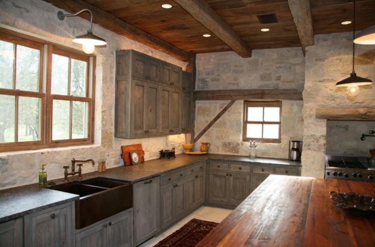 Industrial Barn Lights Shine In A Rustic Industrial Kitchen